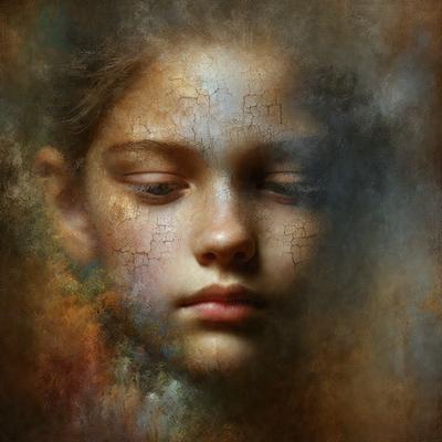 The primary subject of the image is a young girl with a thoughtful expression on her face. She is the main focus of the image. The setting is a room with a wall, and the visual style is a painting or drawing. The colors and mood of the image are warm and inviting, with the girl's face being the main point of interest.